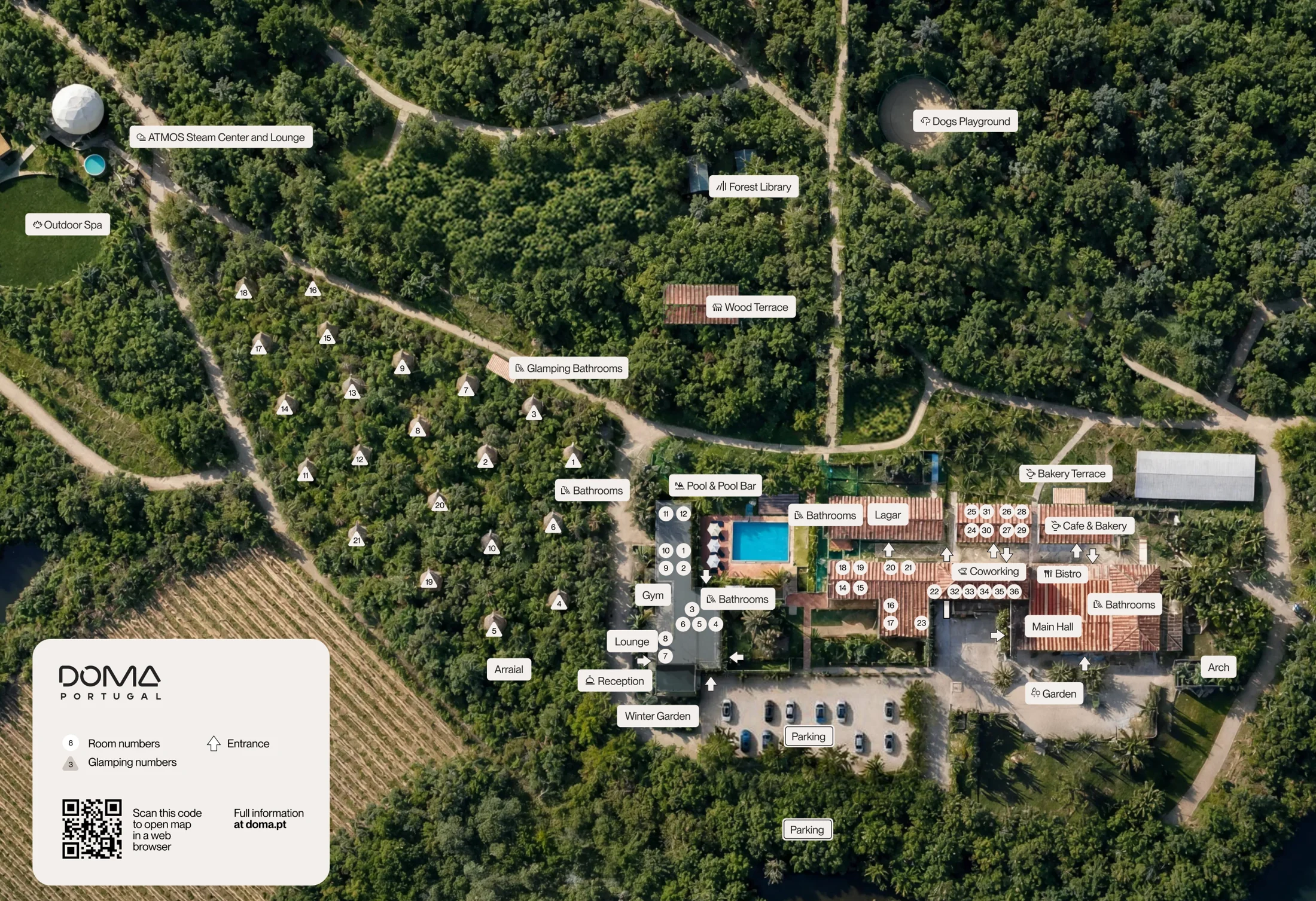 DOMA property map showing the Main Hall, Lagar, Coworking, Wood Terrace, hotel rooms, glamping tents, pool, dining areas and ATMOS